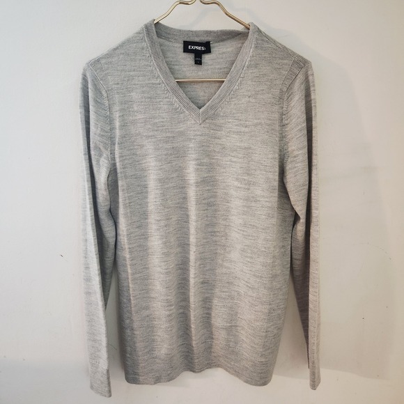 Express Other - EXPRESS Mens Light Gray V Neck‎ Merino Wool Sweater Size S